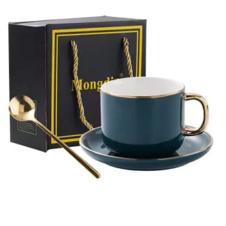 Simple Ceramic Mug Set With Spoon & Saucer - Royal Green