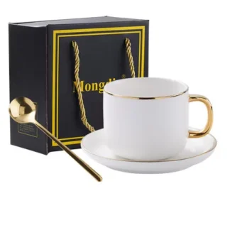 Simple Ceramic Mug Set With Spoon & Saucer - Pearl White