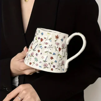 600ml Ceramic Coffee Mug with Floral Design - White