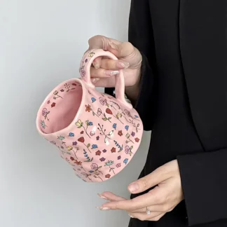 600ml Ceramic Coffee Mug with Floral Design - Pink