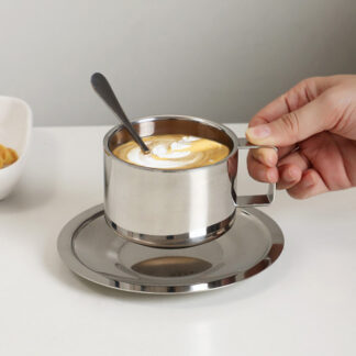 Stainless Steel Coffee Cup Set Double Walled Heat Resistant Mug With Saucer Spoon Drink Tableware Kitchen Cafe Accessories